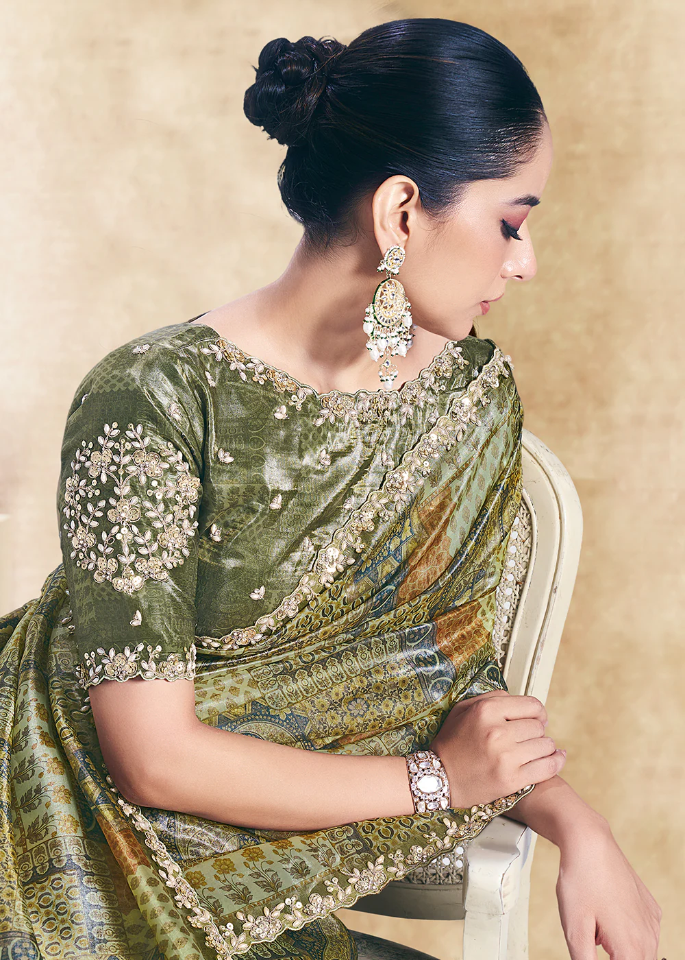 Green Two Tone Satin Silk Printed & Embroidered Festive Saree - Image 2