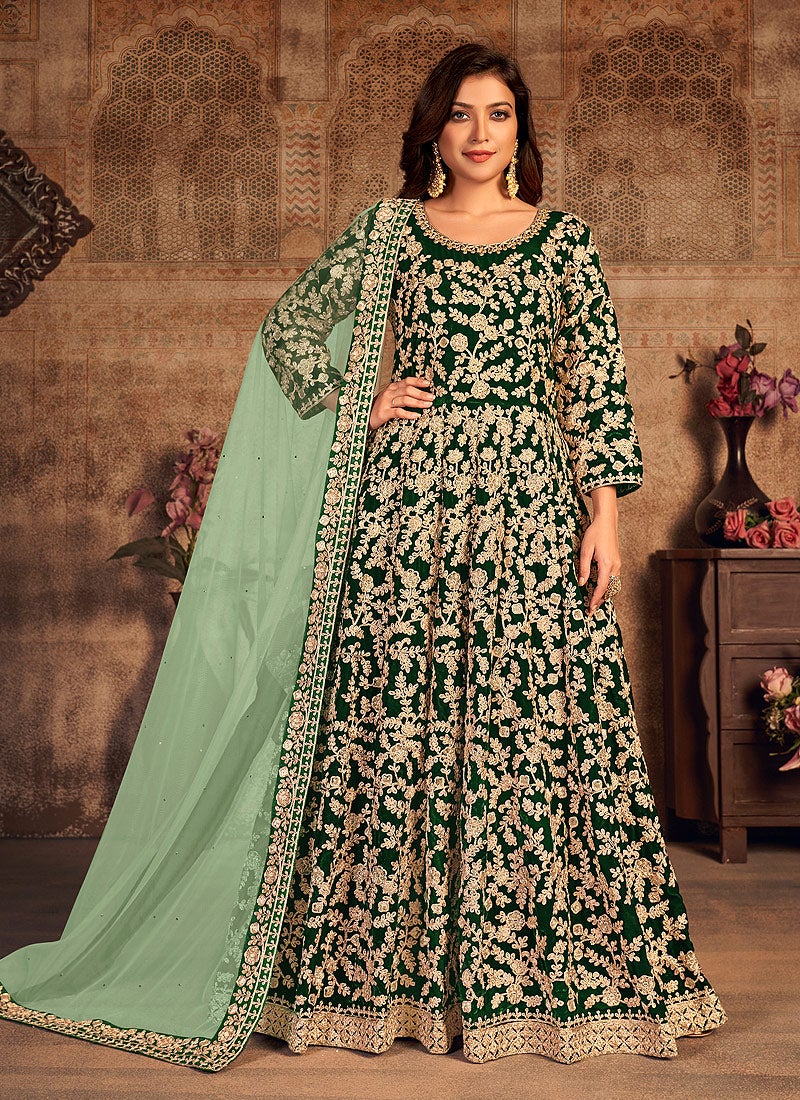 Green Velvet Abaya Style Floor Length Anarkali Suit - Image 3