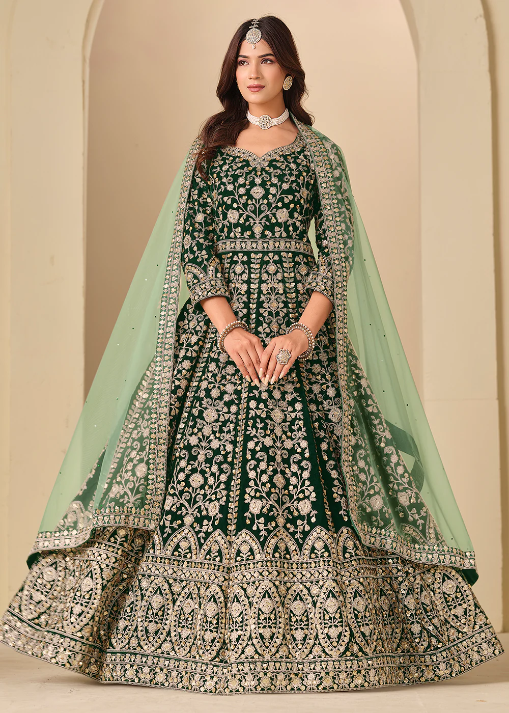 Green Velvet Embroidered Wedding Party Wear Gown