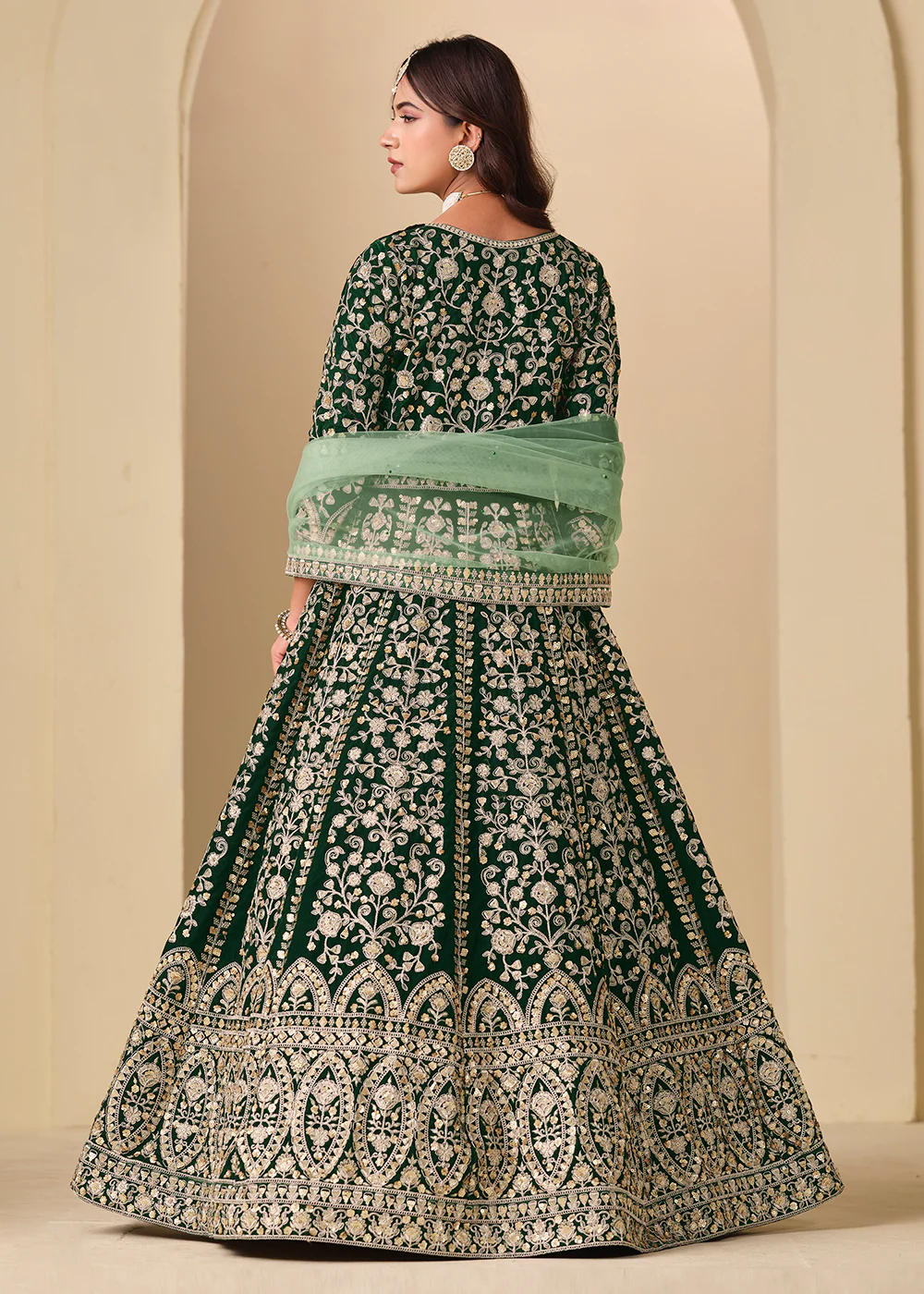 Green Velvet Embroidered Wedding Party Wear Gown - Image 3