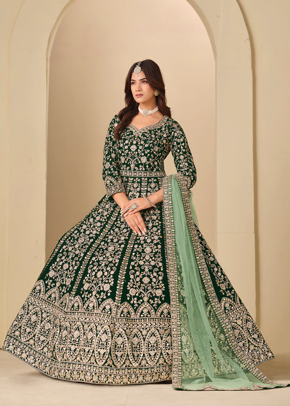 Green Velvet Embroidered Wedding Party Wear Gown - Image 4