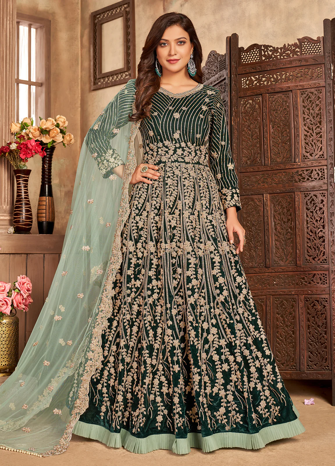 Green Velvet Floor Length Designer Anarkali Suit