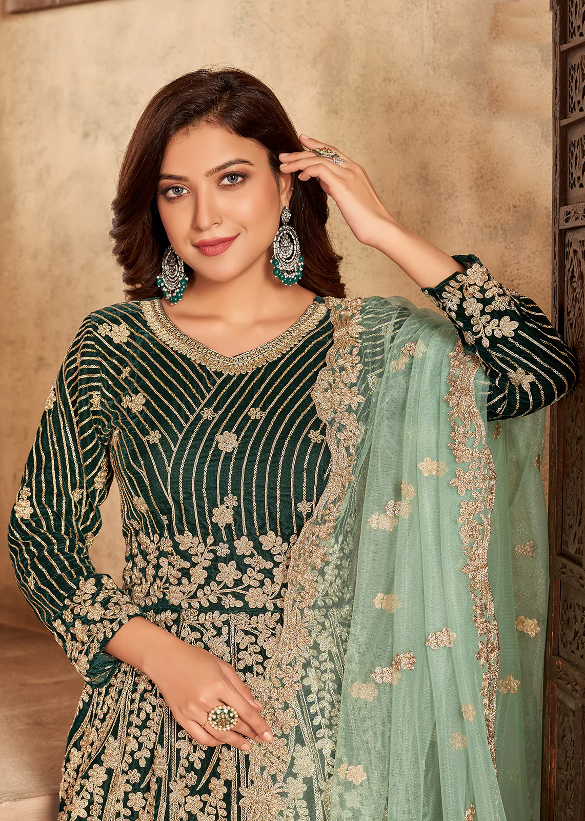 Green Velvet Floor Length Designer Anarkali Suit - Image 2