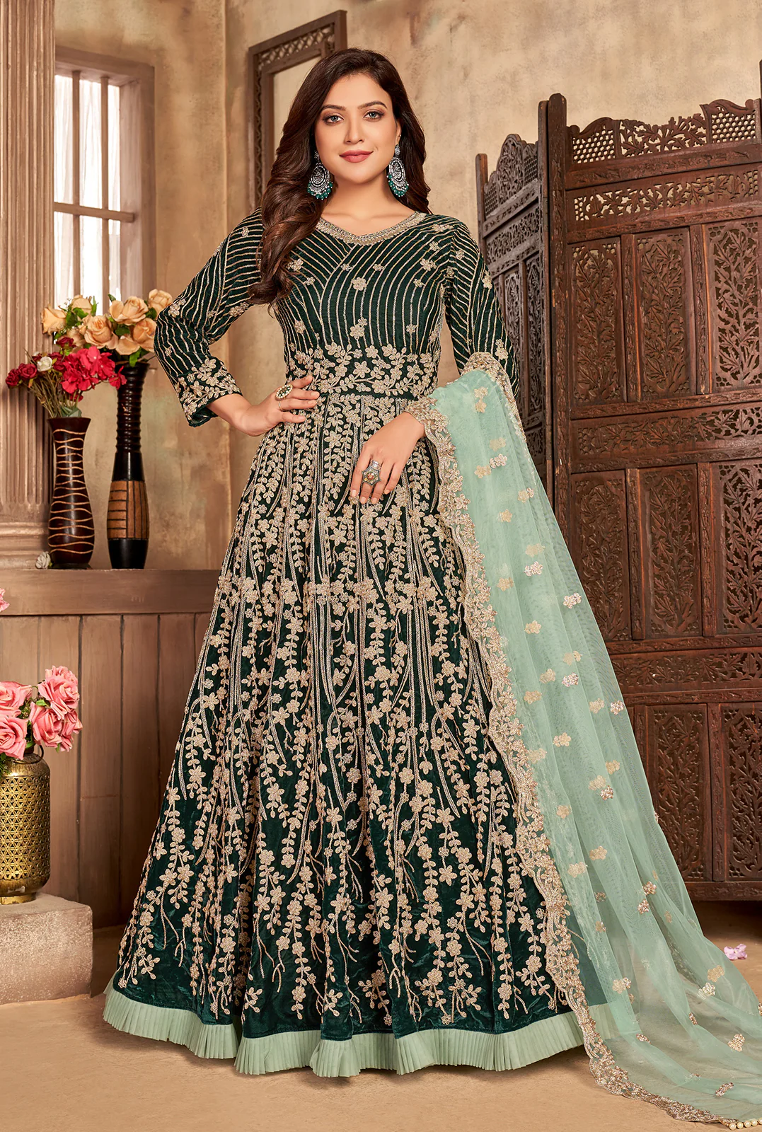 Green Velvet Floor Length Designer Anarkali Suit - Image 3