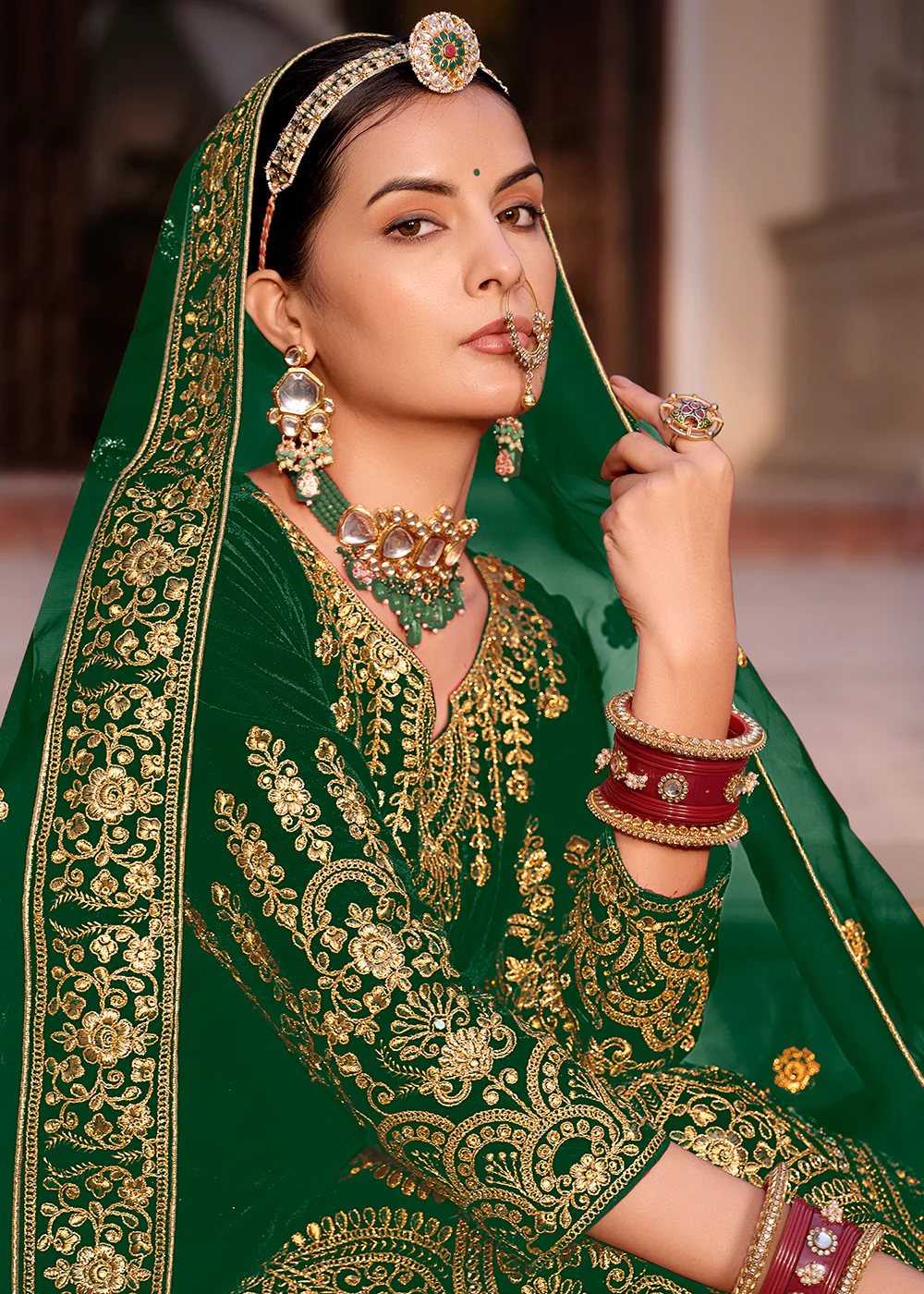 Green Velvet Front & Back Embroidery Wedding Anarkali Suit - Image 2