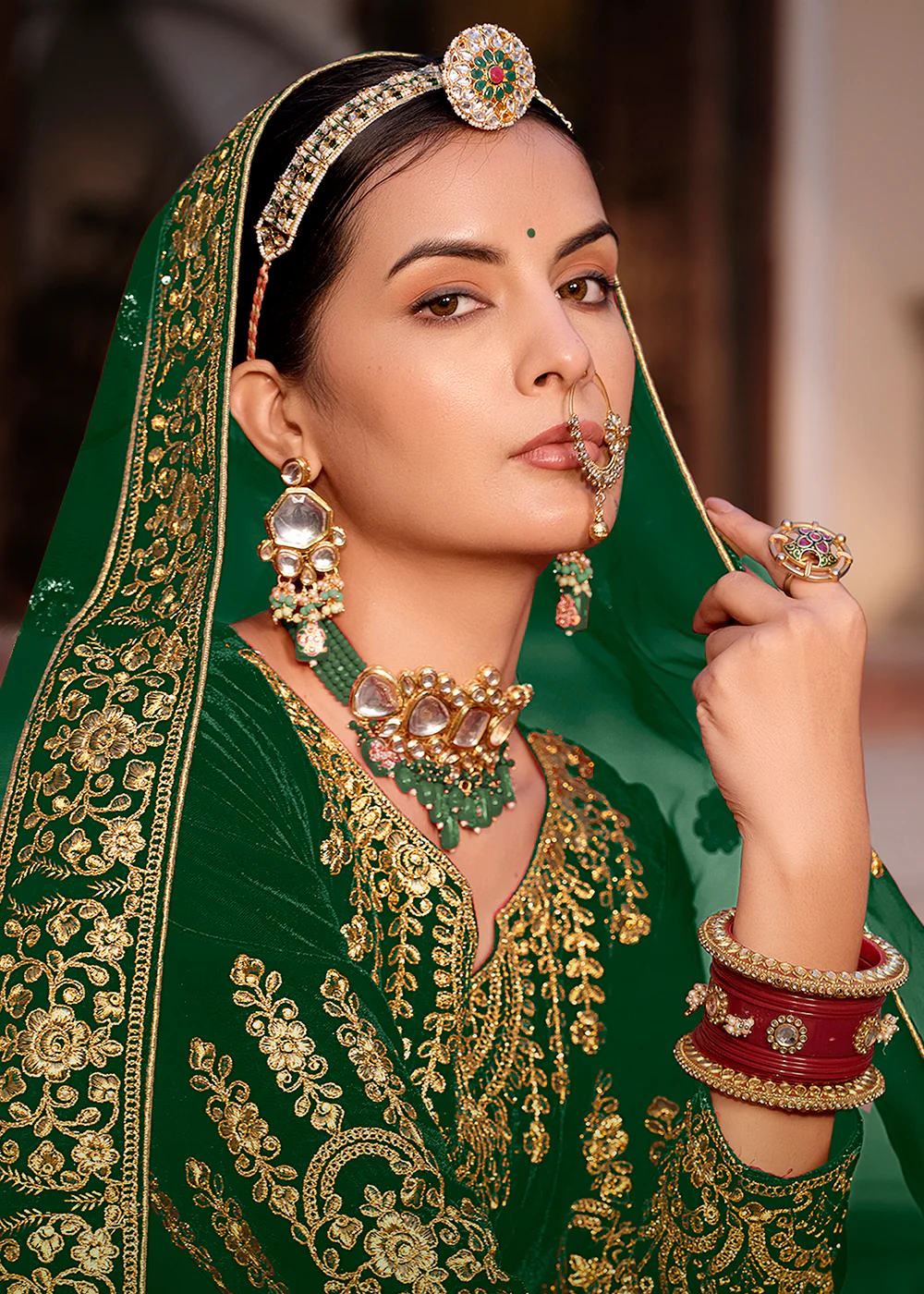 Green Velvet Front & Back Embroidery Wedding Anarkali Suit - Image 5