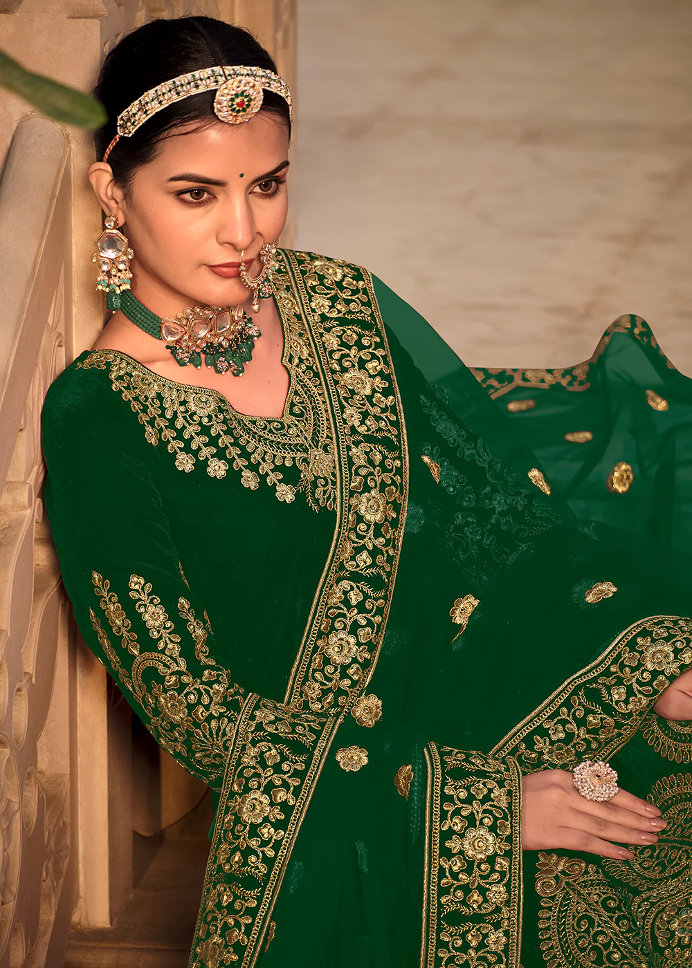 Green Velvet Front & Back Embroidery Wedding Anarkali Suit - Image 7