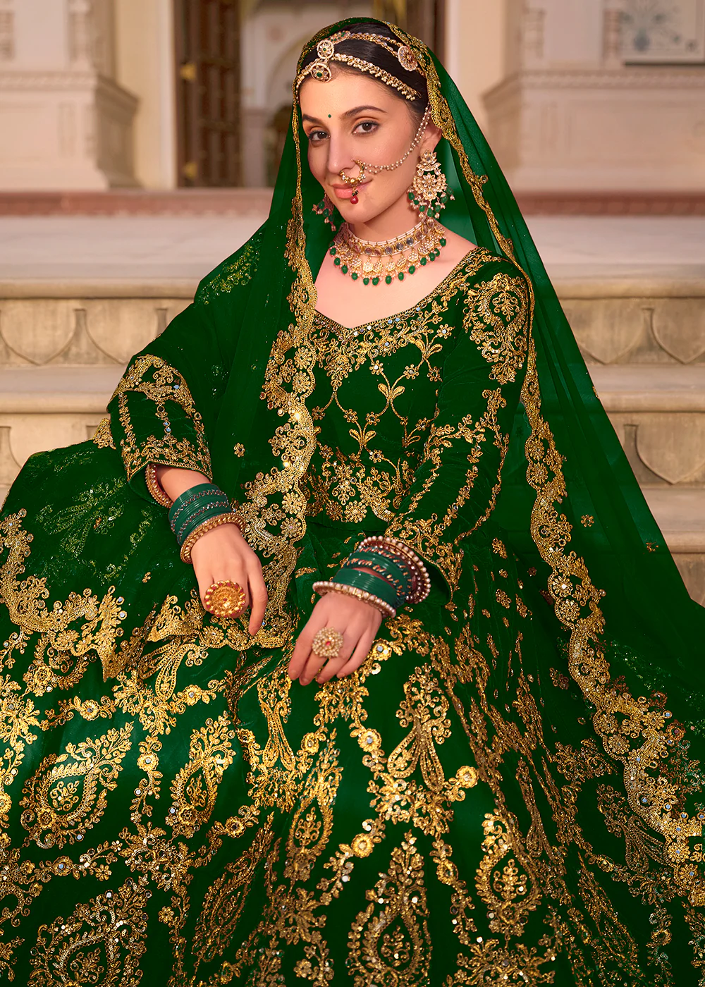 Green Velvet Heavy Embroidered A Line Lehenga Choli - Image 2