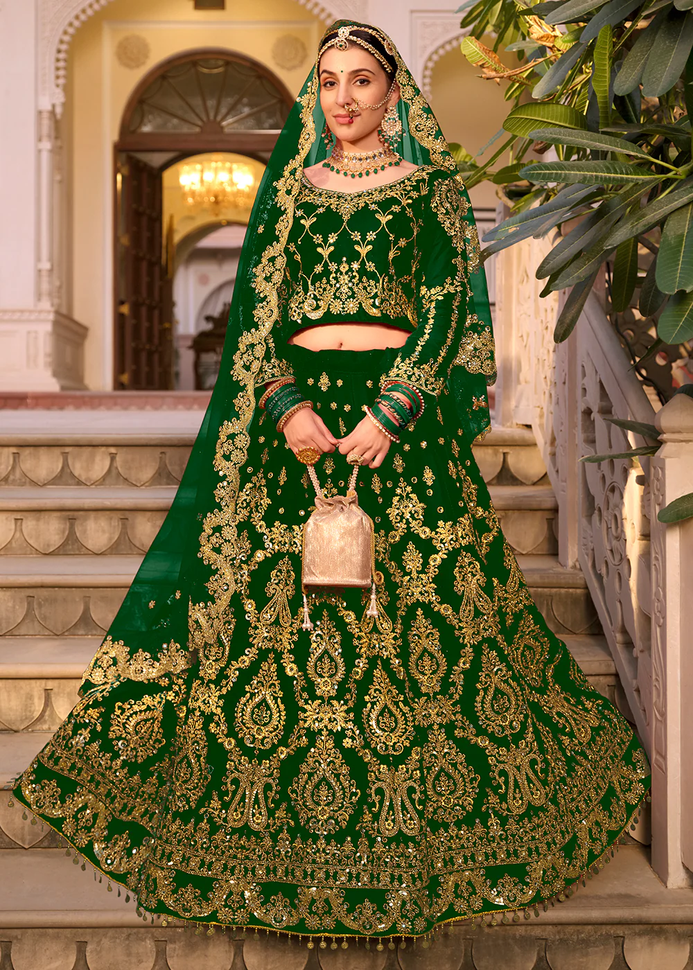 Green Velvet Heavy Embroidered A Line Lehenga Choli - Image 3