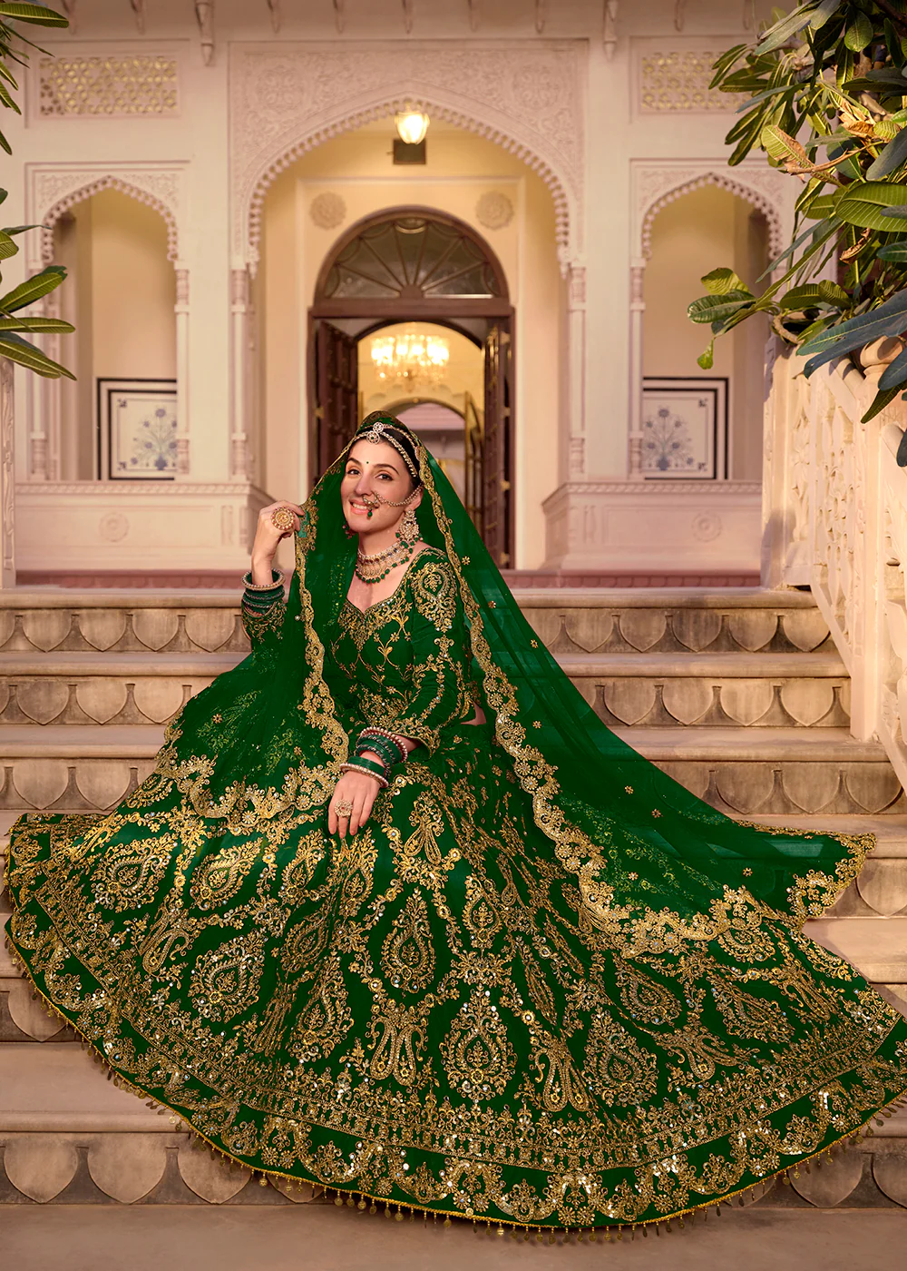 Green Velvet Heavy Embroidered A Line Lehenga Choli - Image 4