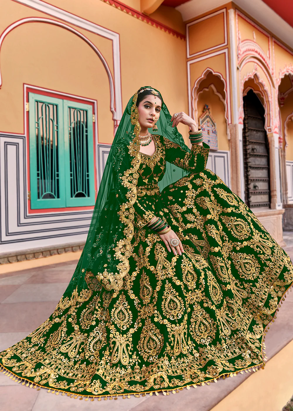 Green Velvet Heavy Embroidered A Line Lehenga Choli - Image 5