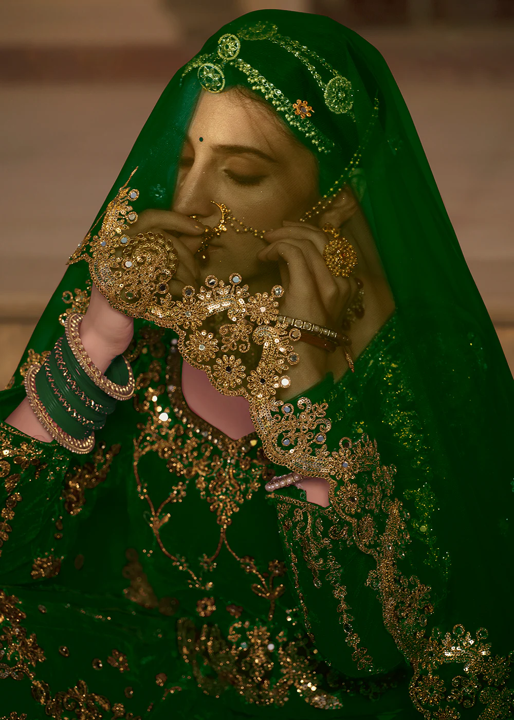 Green Velvet Heavy Embroidered A Line Lehenga Choli - Image 6