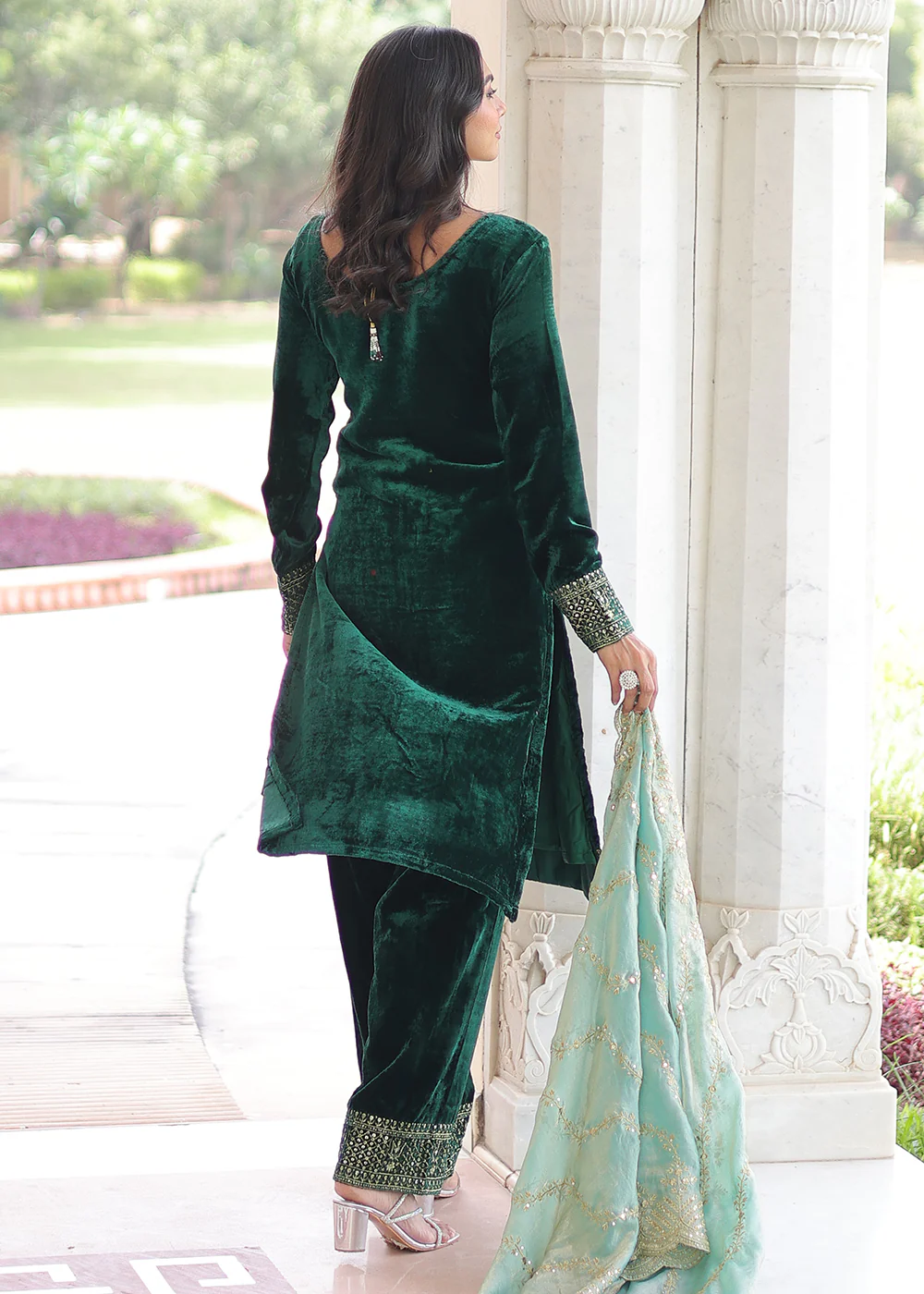 Green Velvet Sequins Work Festive Salwar Suit - Image 3