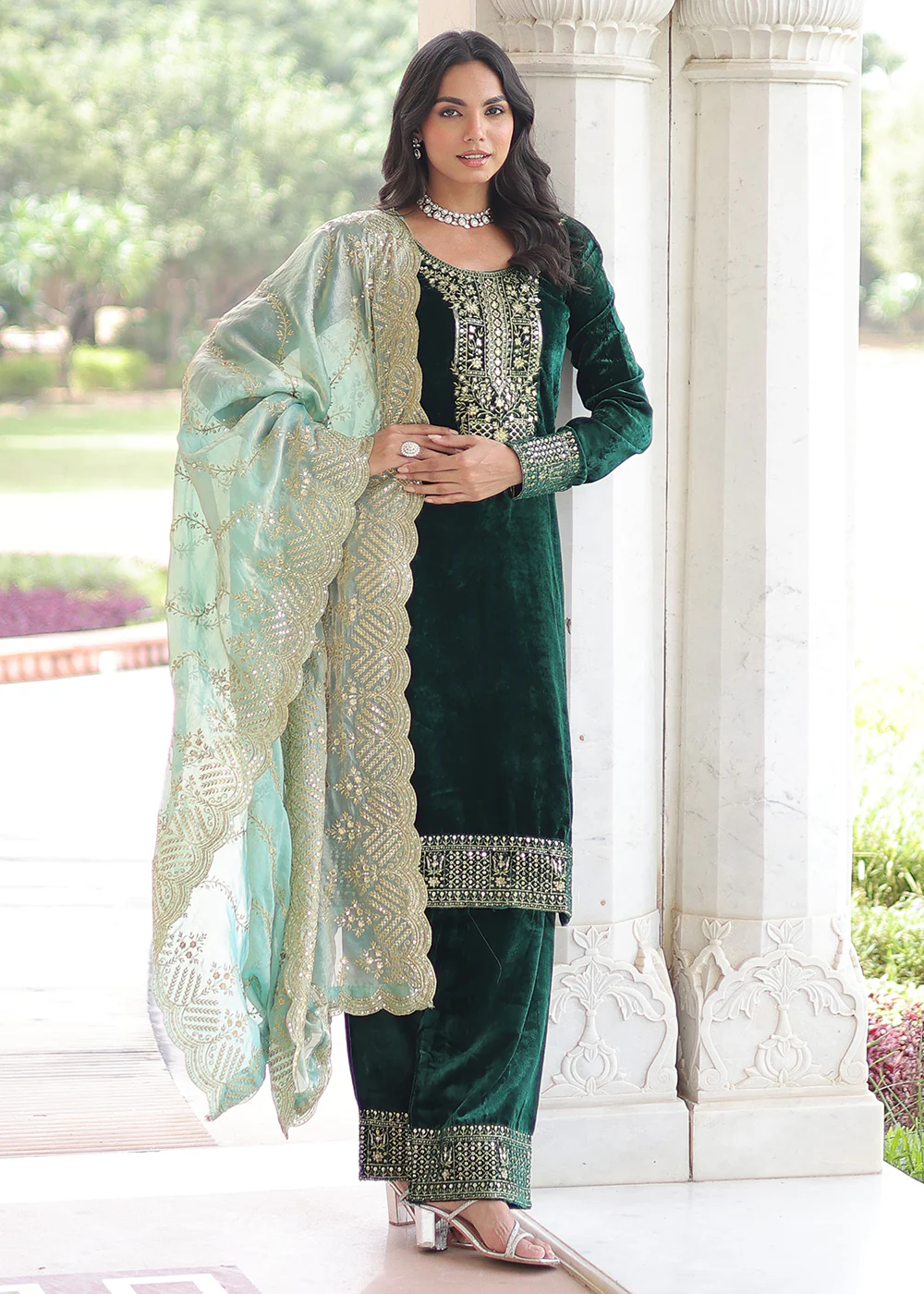 Green Velvet Sequins Work Festive Salwar Suit - Image 4