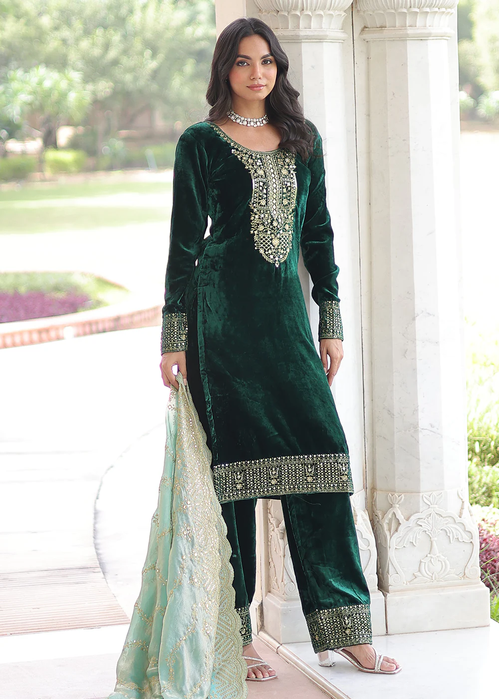 Green Velvet Sequins Work Festive Salwar Suit - Image 5