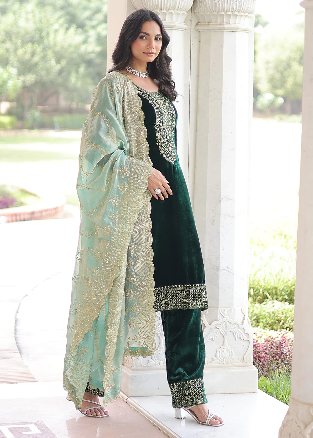 Green Velvet Sequins Work Festive Salwar Suit - Image 7