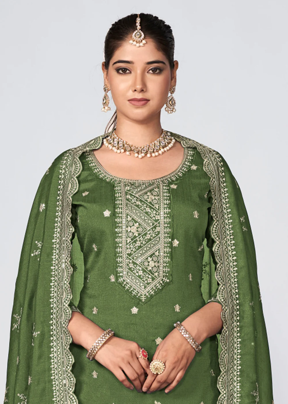 Green Vichitra Silk Embroidered Wedding Festive Palazzo Suit - Image 2