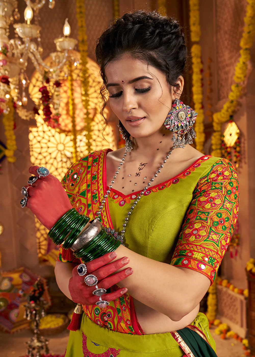 Green Viscose Cotton Chaniya Choli for Navratri Festival - Image 2