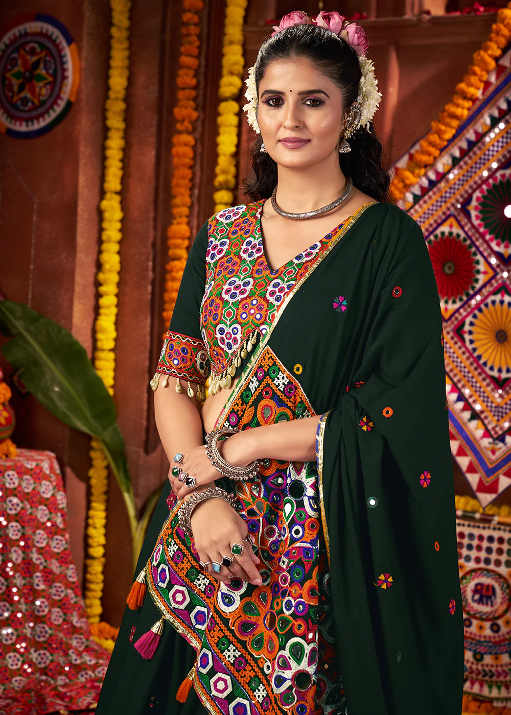 Green Viscose Cotton Mirror Chaniya Choli for Navratri - Image 2