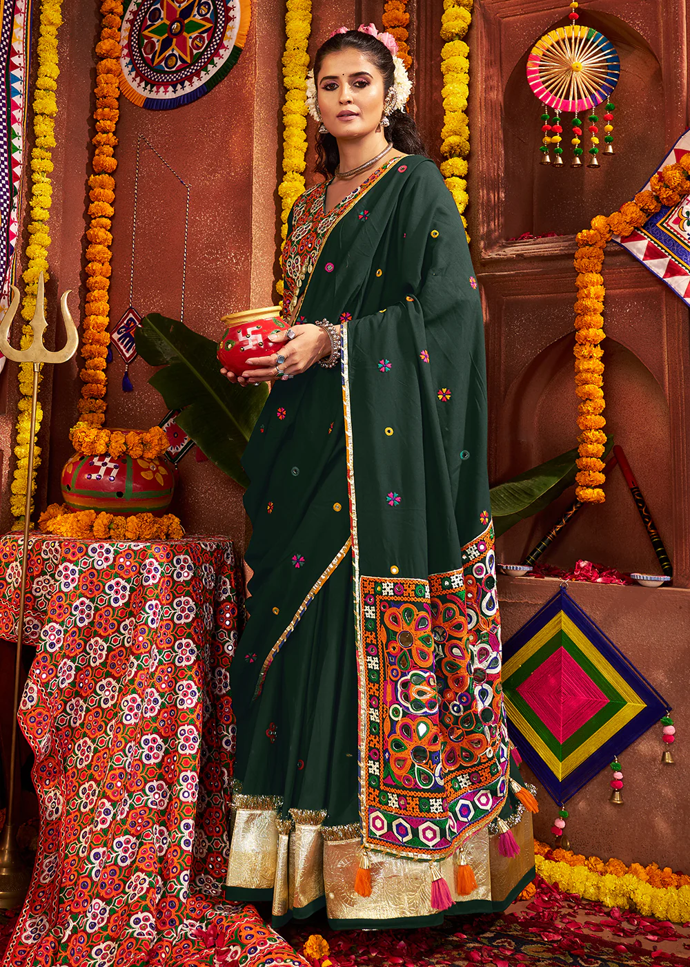 Green Viscose Cotton Mirror Chaniya Choli for Navratri - Image 3