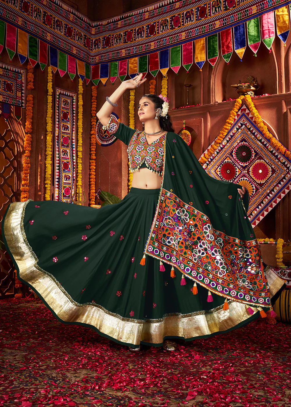 Green Viscose Cotton Mirror Chaniya Choli for Navratri - Image 4