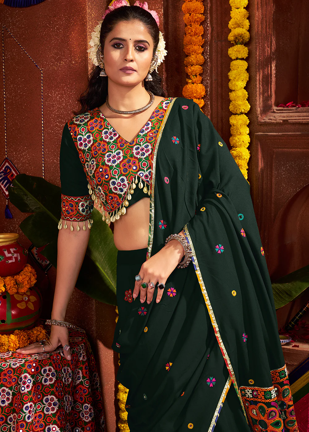 Green Viscose Cotton Mirror Chaniya Choli for Navratri - Image 5