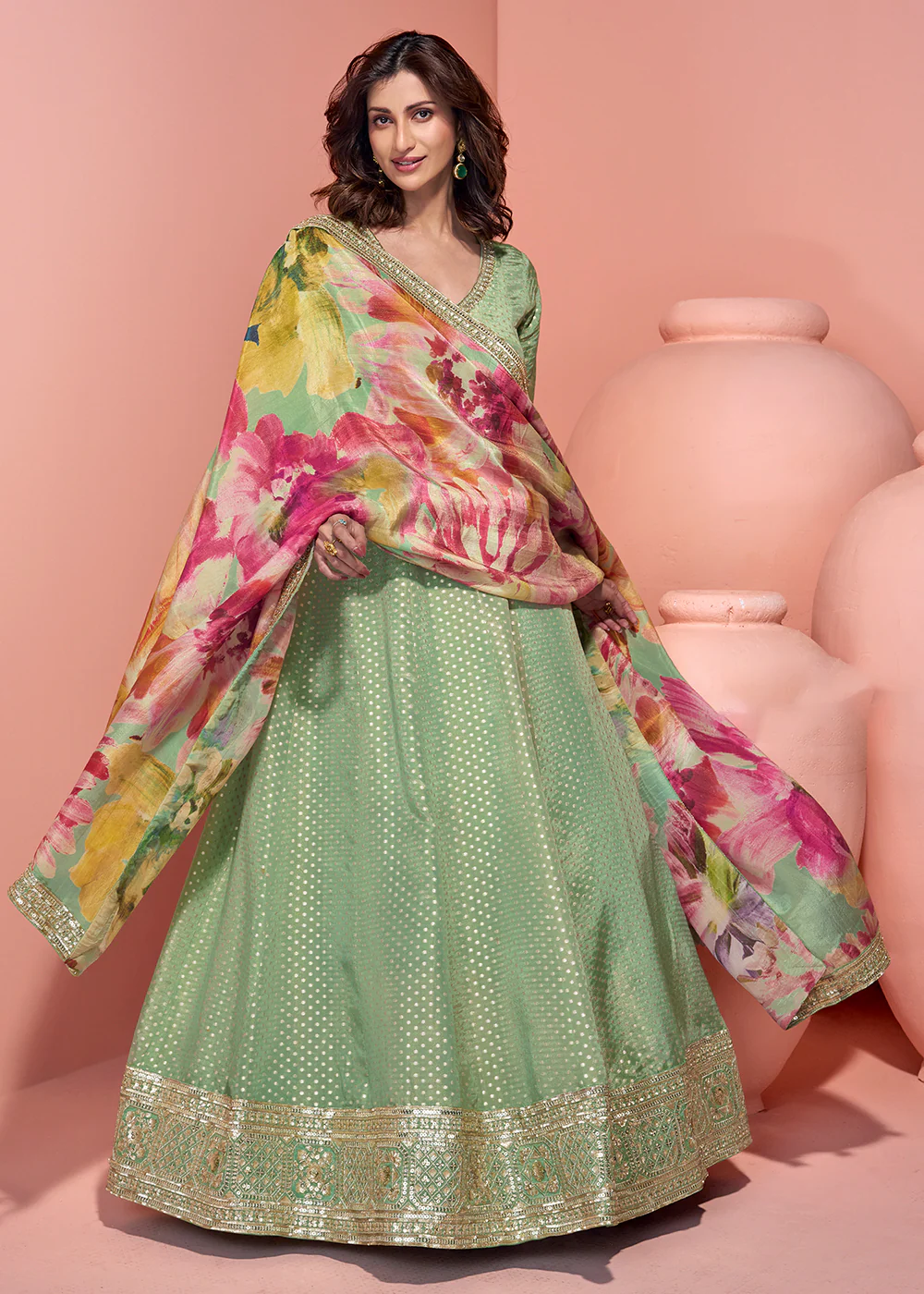 Green Viscose Jacquard Silk Festive Anarkali Suit