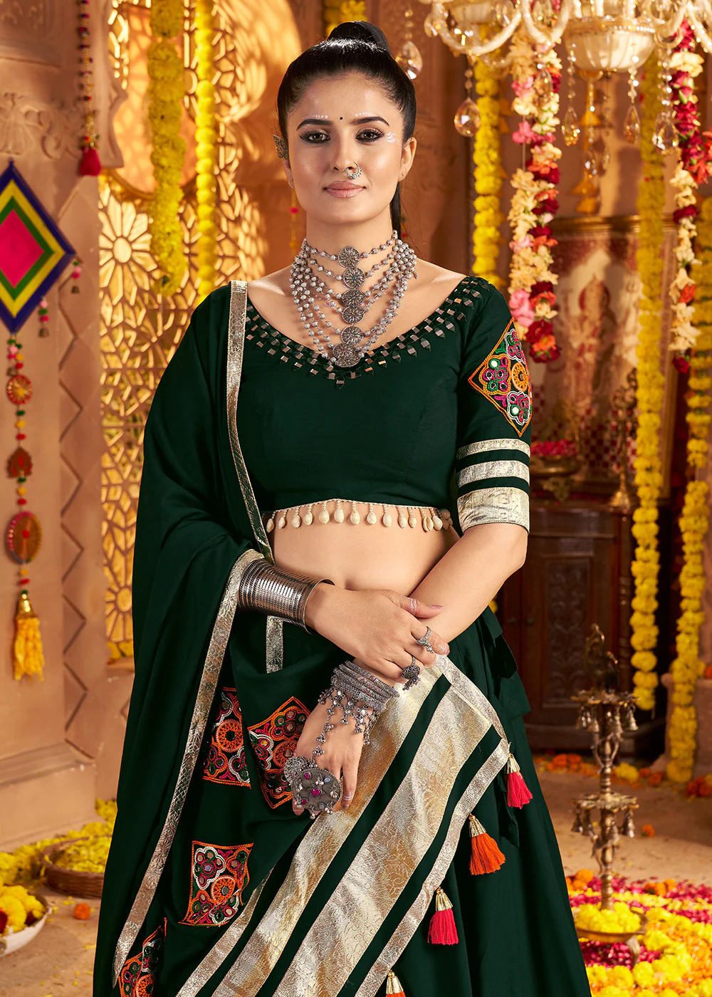 Green Viscose Rayon Embroidered Navratri Chaniya Choli - Image 2