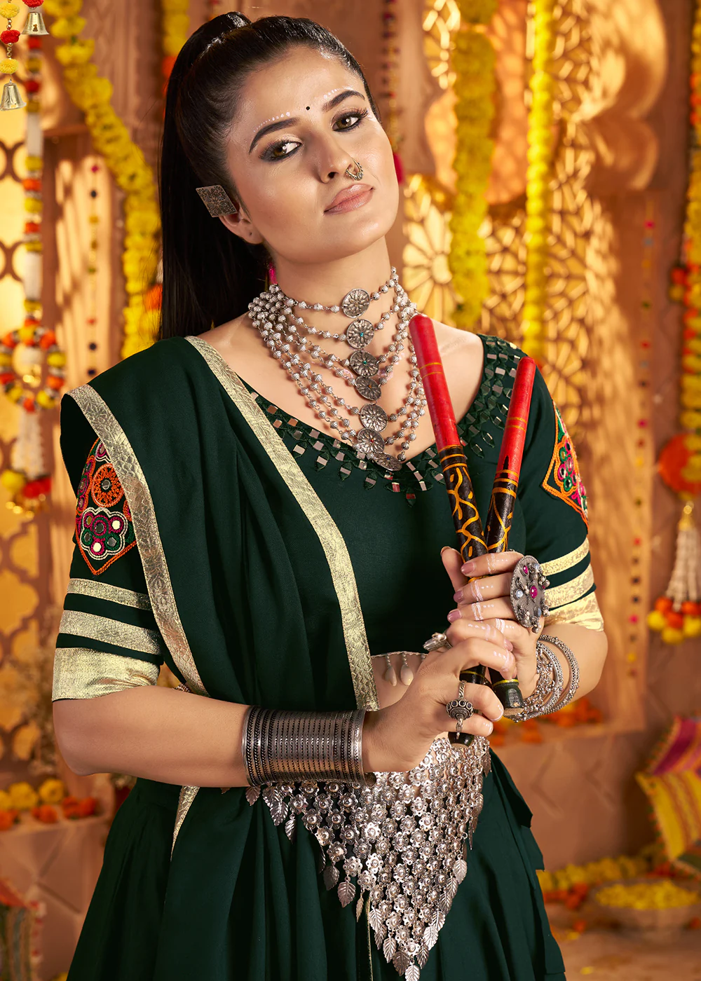 Green Viscose Rayon Embroidered Navratri Chaniya Choli - Image 4