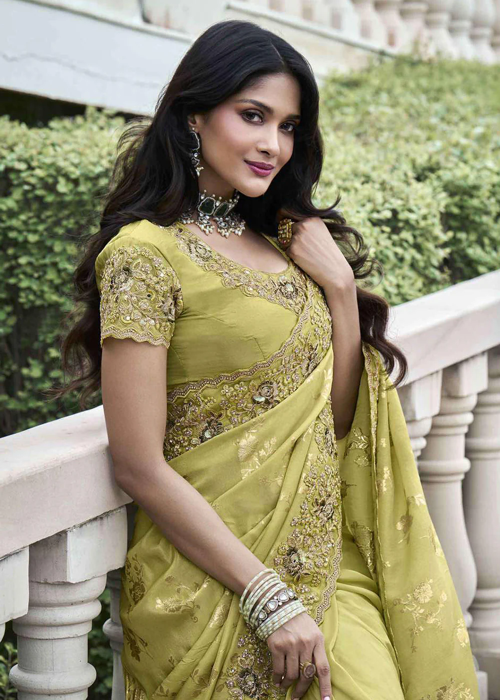 Green Viscose Silk Embroidered Designer Wedding Saree - Image 2