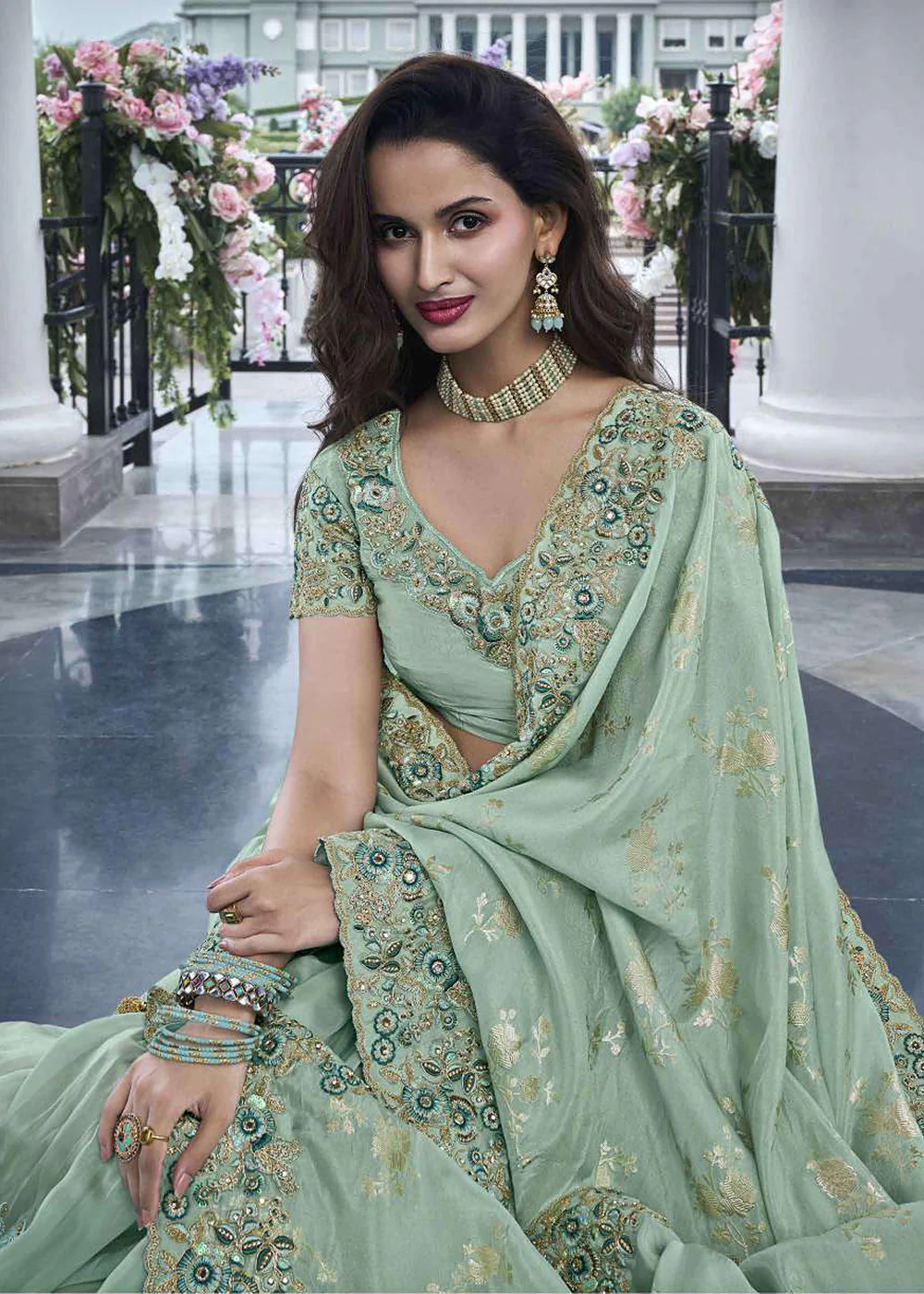 Green Viscose Silk Embroidered Designer Wedding Saree - Image 2