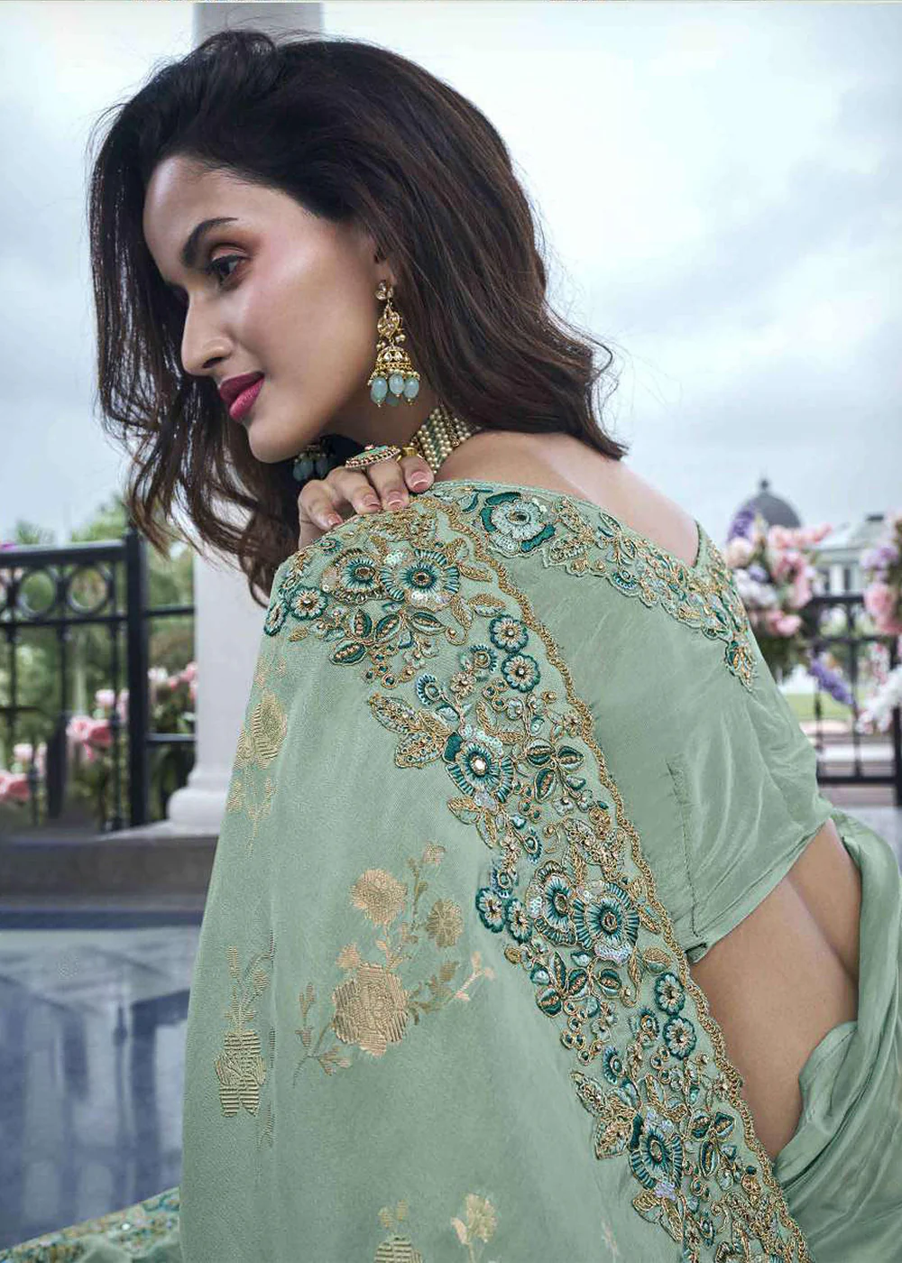 Green Viscose Silk Embroidered Designer Wedding Saree - Image 3