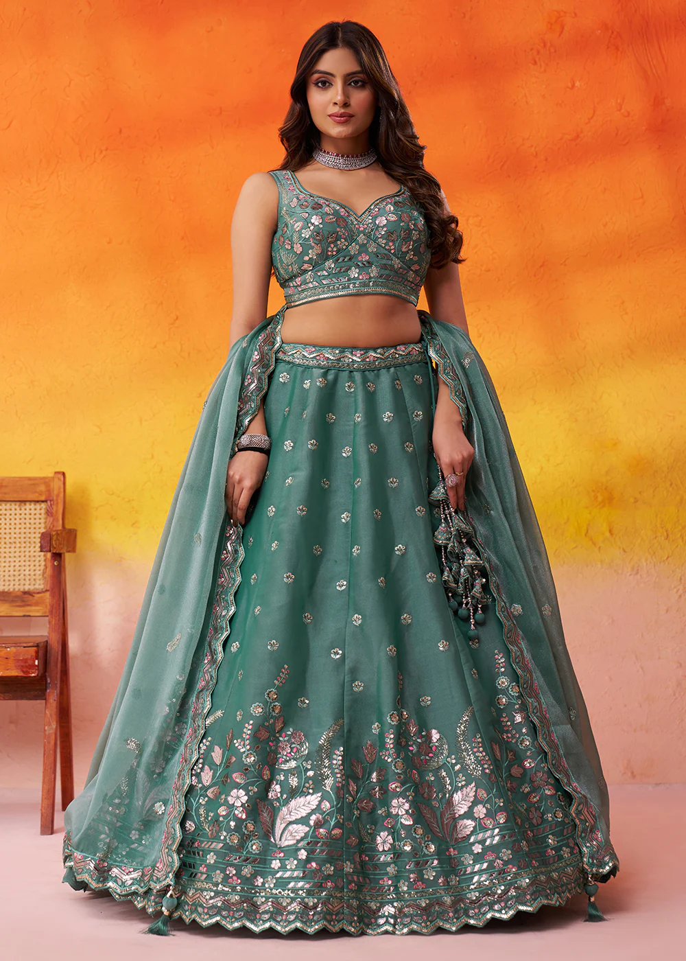 Green Wedding Function Style Organza Lehenga Choli