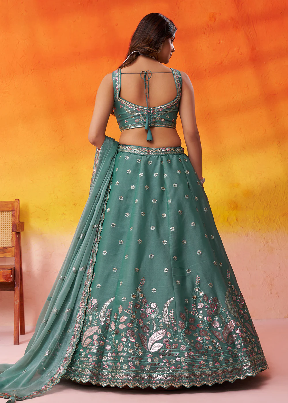 Green Wedding Function Style Organza Lehenga Choli - Image 3