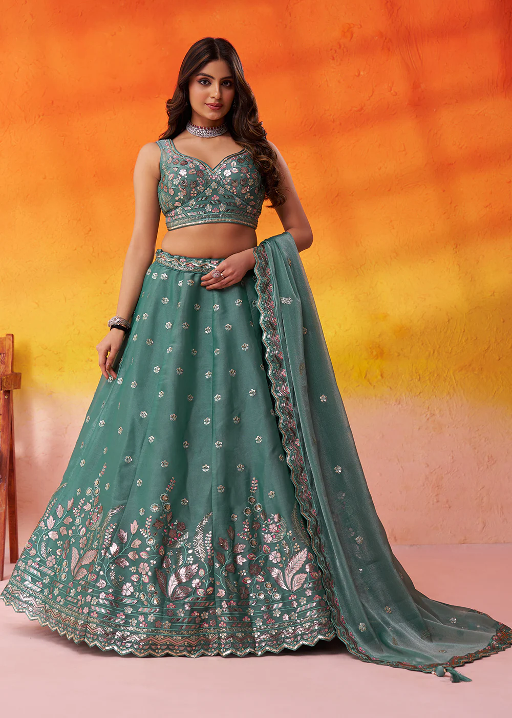 Green Wedding Function Style Organza Lehenga Choli - Image 4
