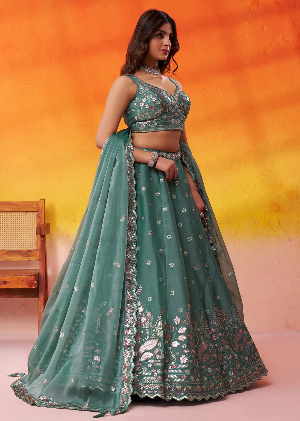 Green Wedding Function Style Organza Lehenga Choli - Image 5