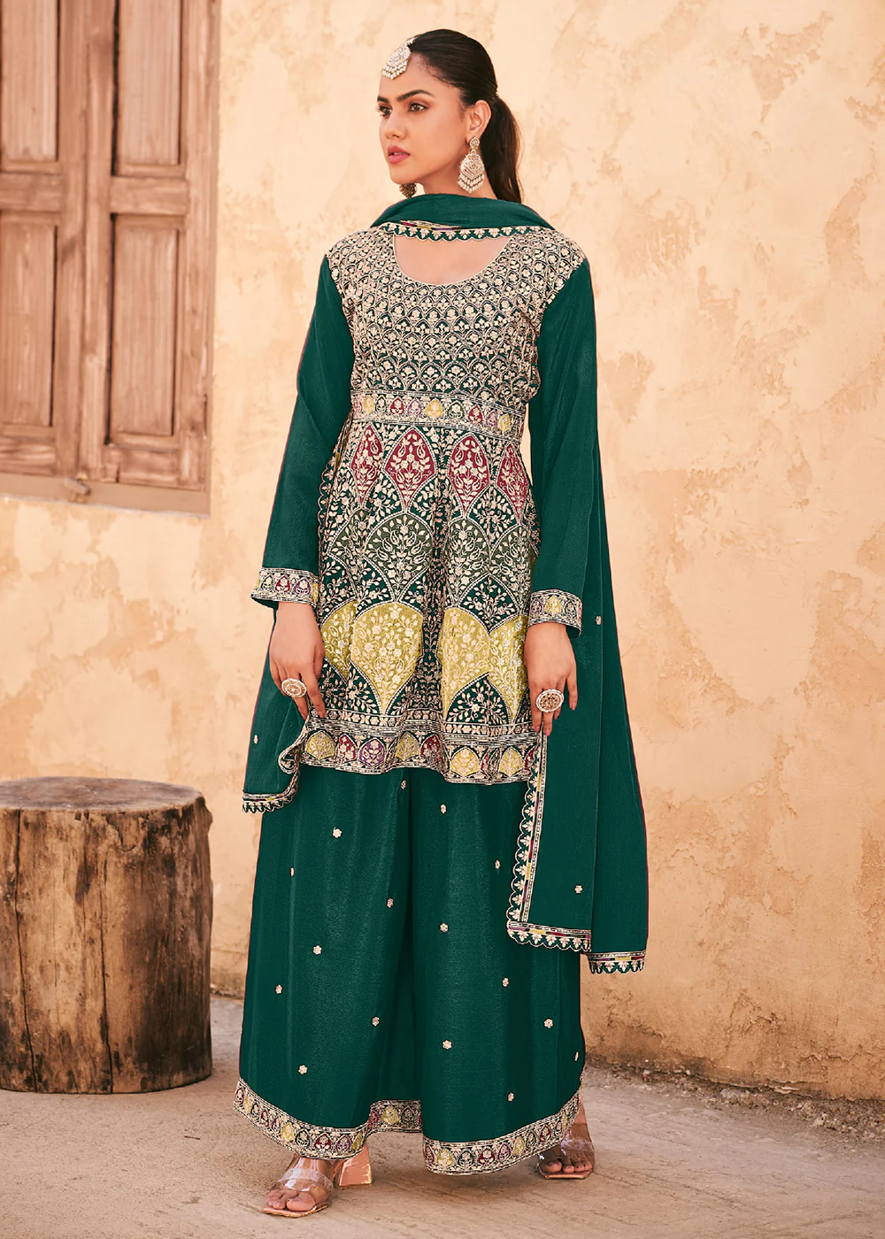 Green Wedding Wear Embroidered Palazzo Style Suit