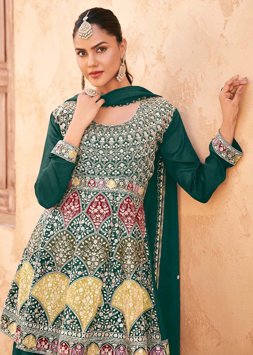 Green Wedding Wear Embroidered Palazzo Style Suit - Image 2