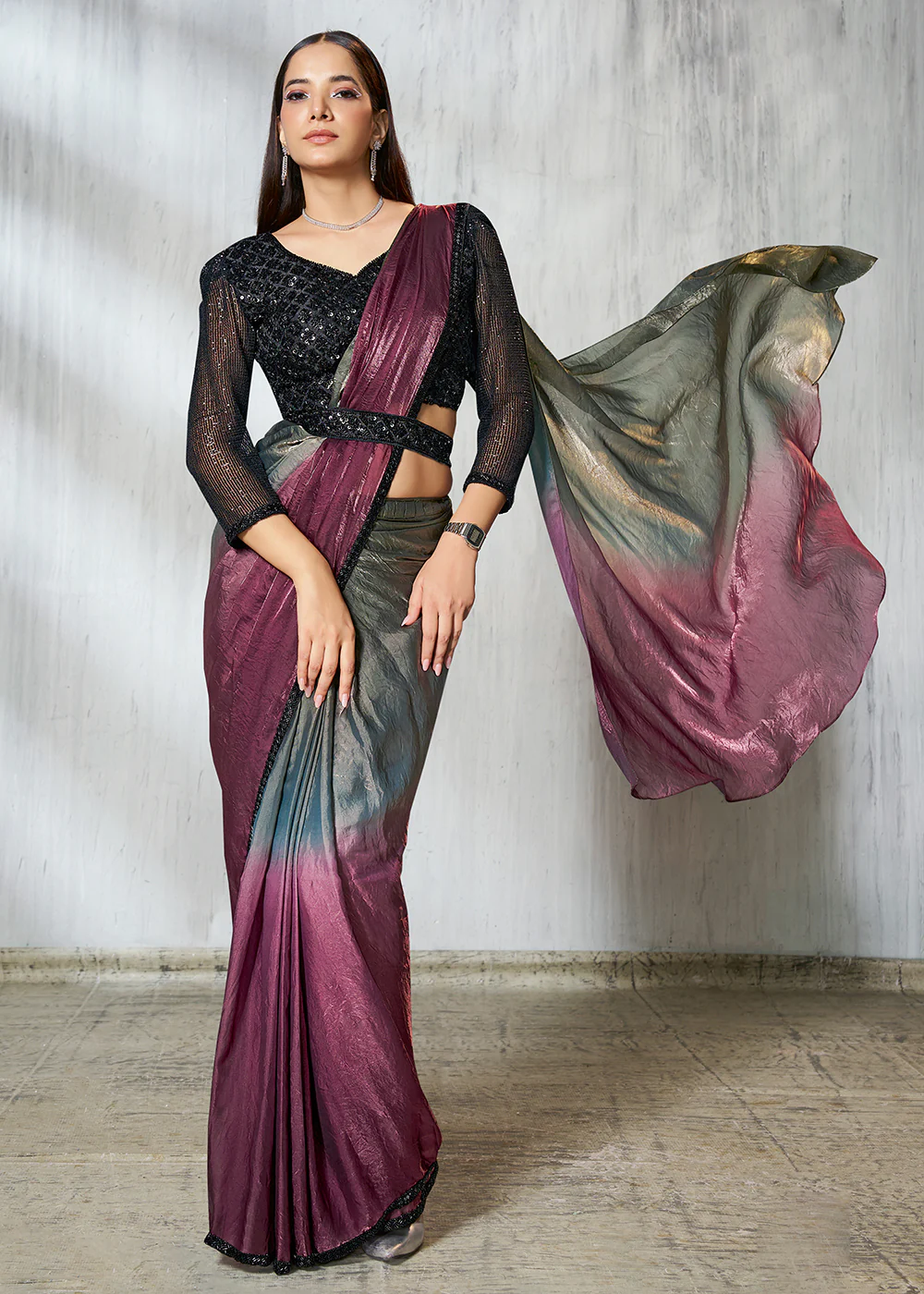 Green & Wine Designer Embroidered Party Wear Saree