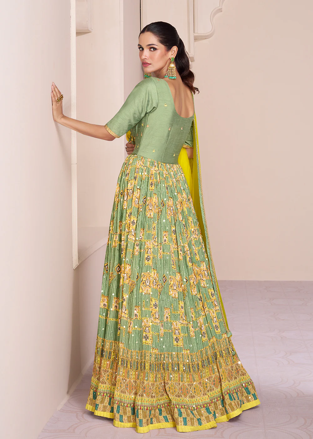 Green & Yellow Chinnon Silk Printed & Embroidered Anarkali Dress - Image 3