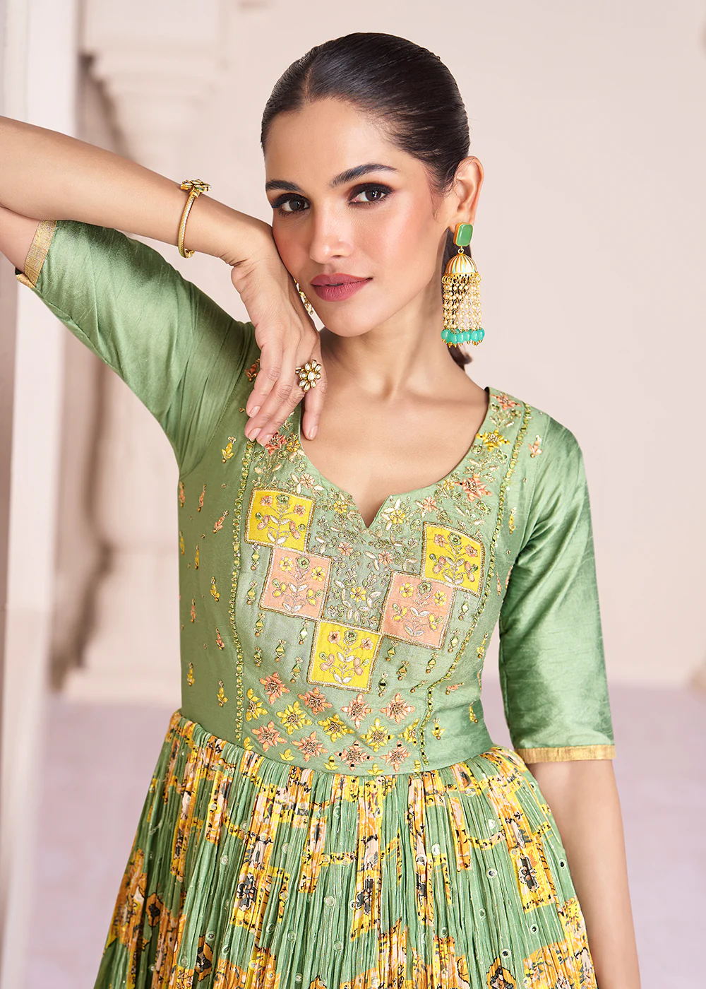 Green & Yellow Chinnon Silk Printed & Embroidered Anarkali Dress - Image 4