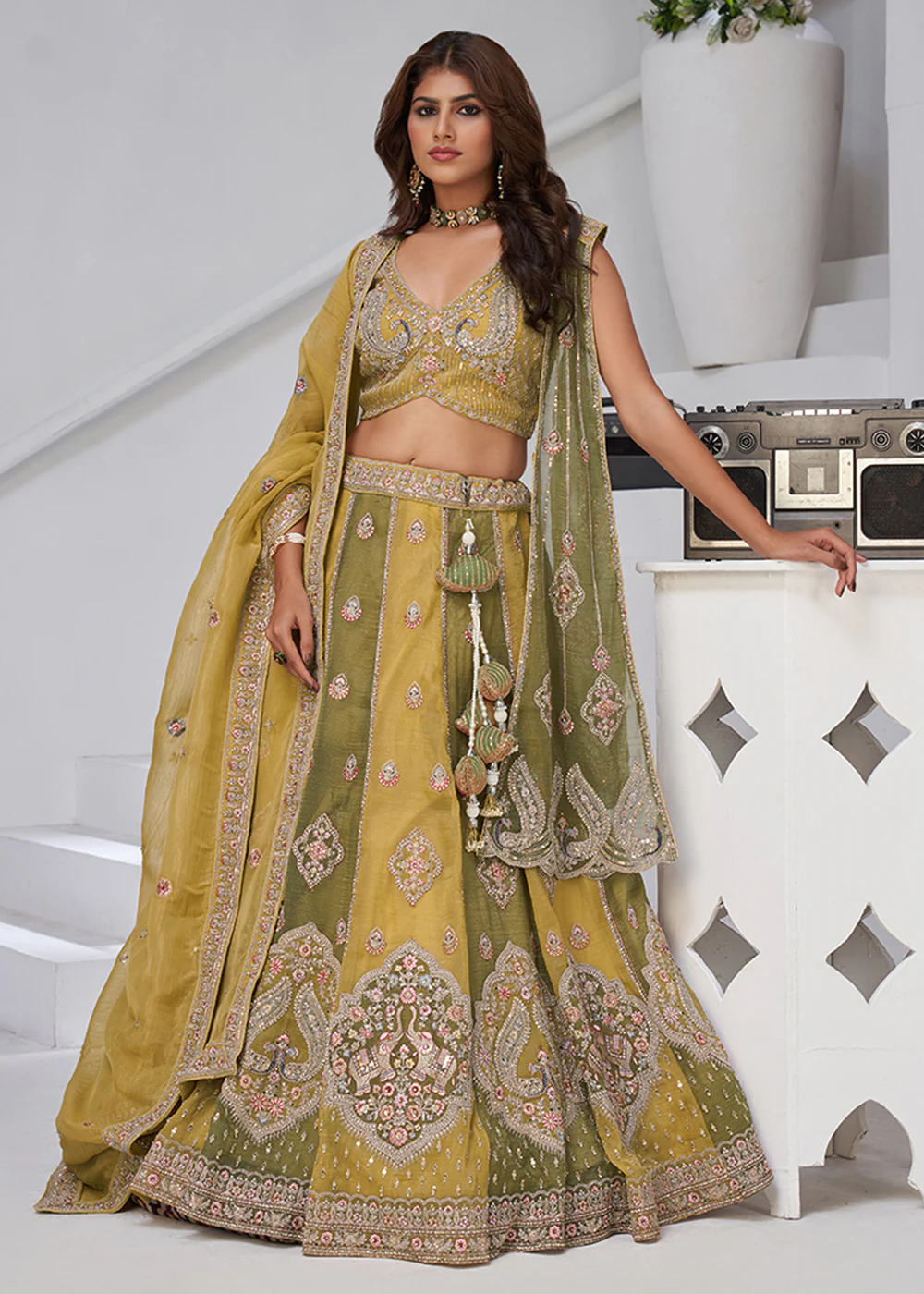 Green & Yellow Georgette Tissue Wedding Lehenga Choli
