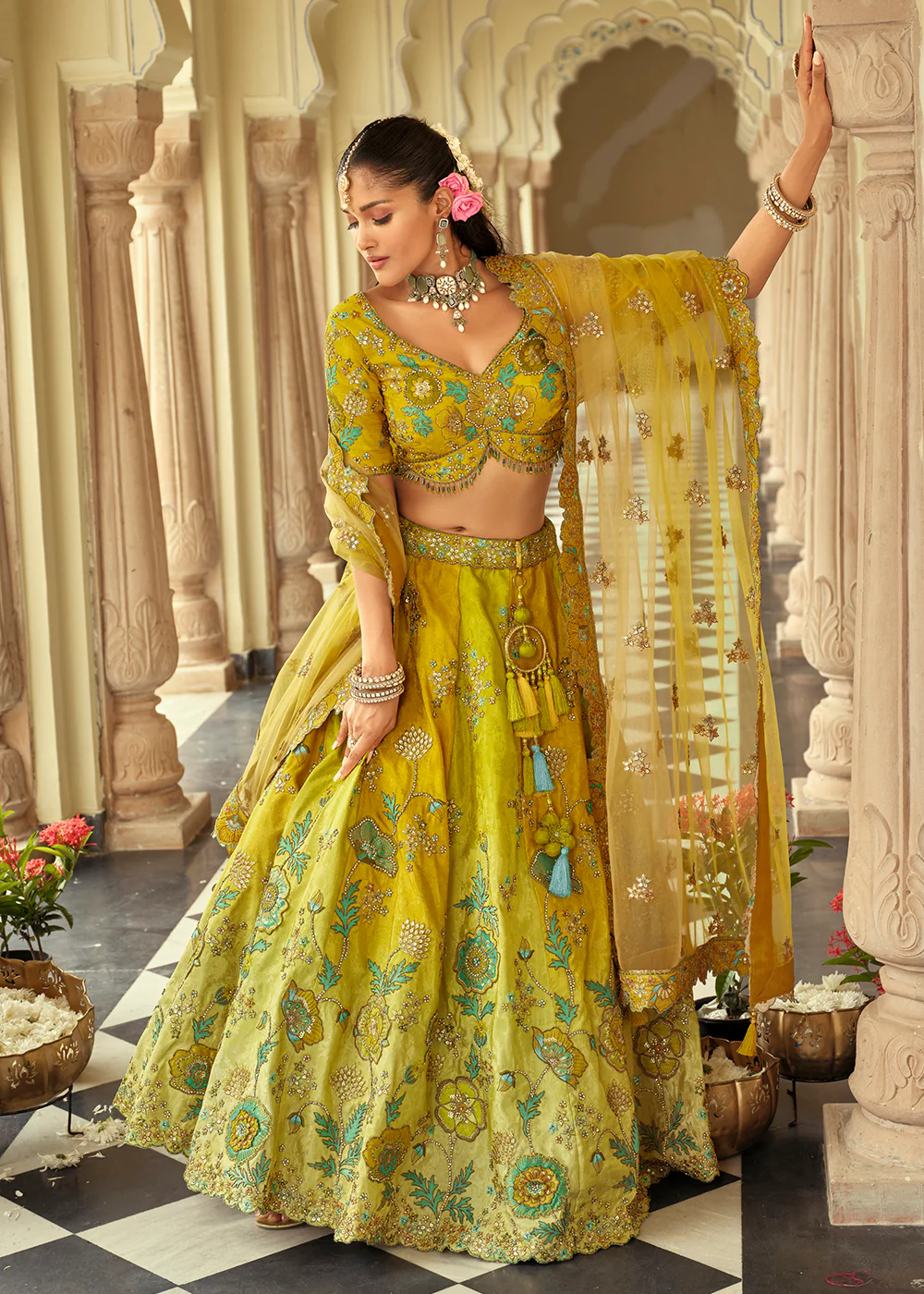 Green Yellow Silk with Embroidered Bridal Lehenga Choli
