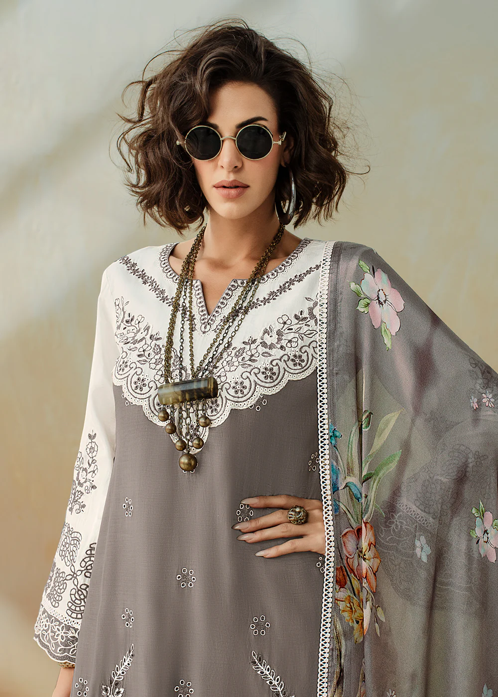 Grey Applique Embroidered Muslin Pant Style Salwar Suit - Image 2