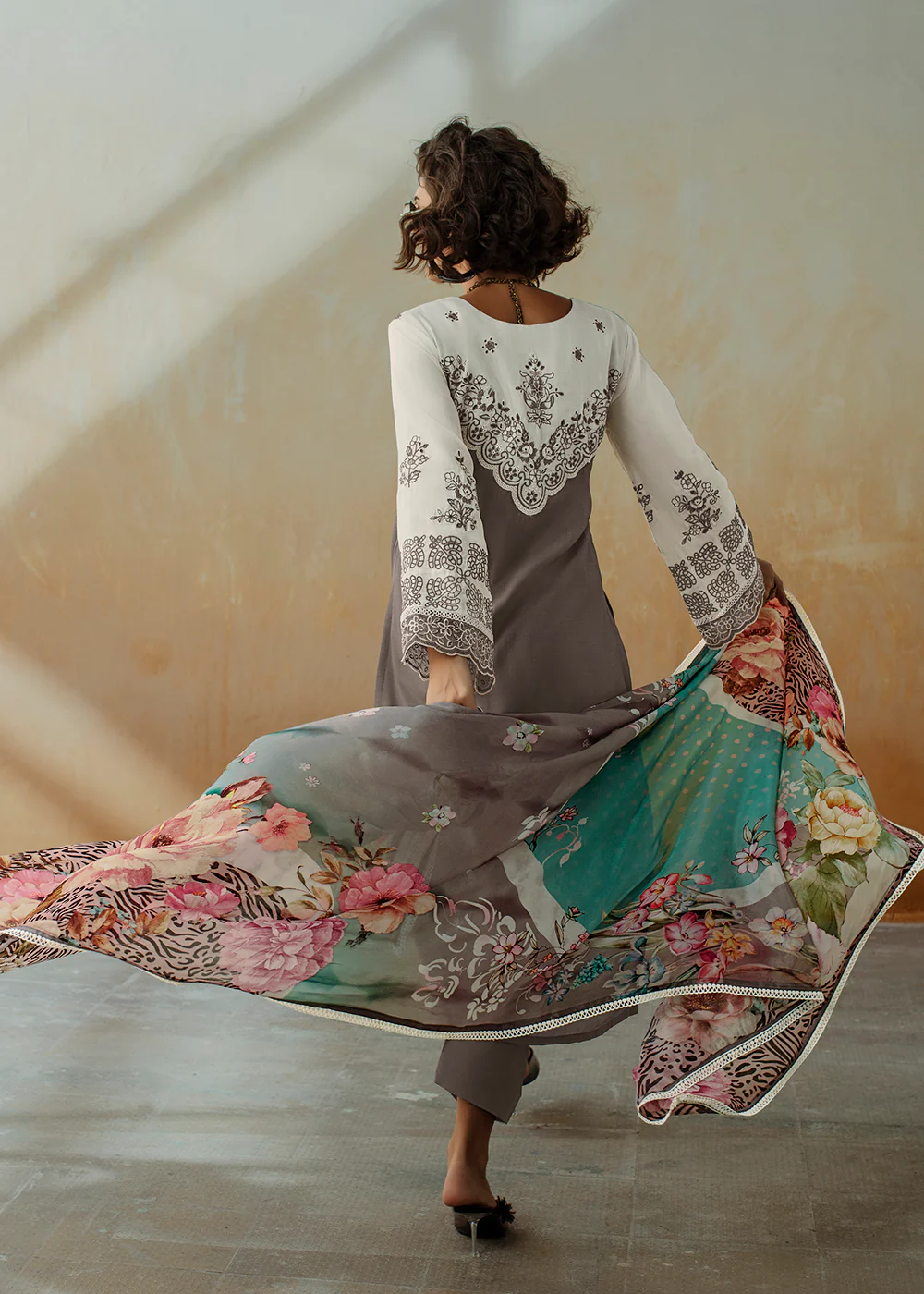 Grey Applique Embroidered Muslin Pant Style Salwar Suit - Image 3