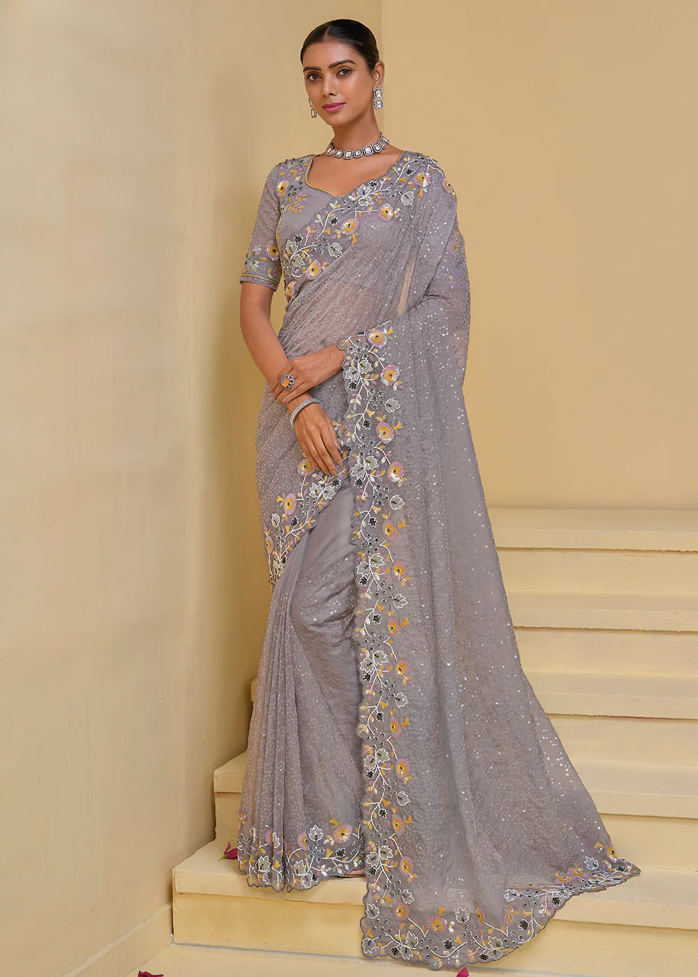 Grey Banarasi Silk Embroidered Designer Saree