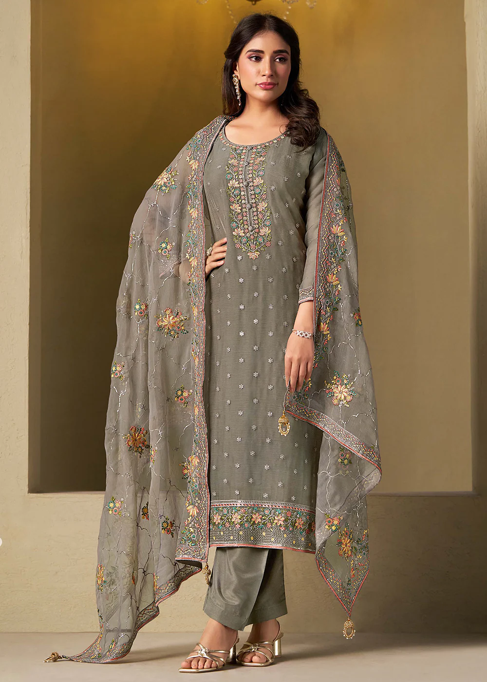 Grey Chiffon Swarovski Embroidered Salwar Suit