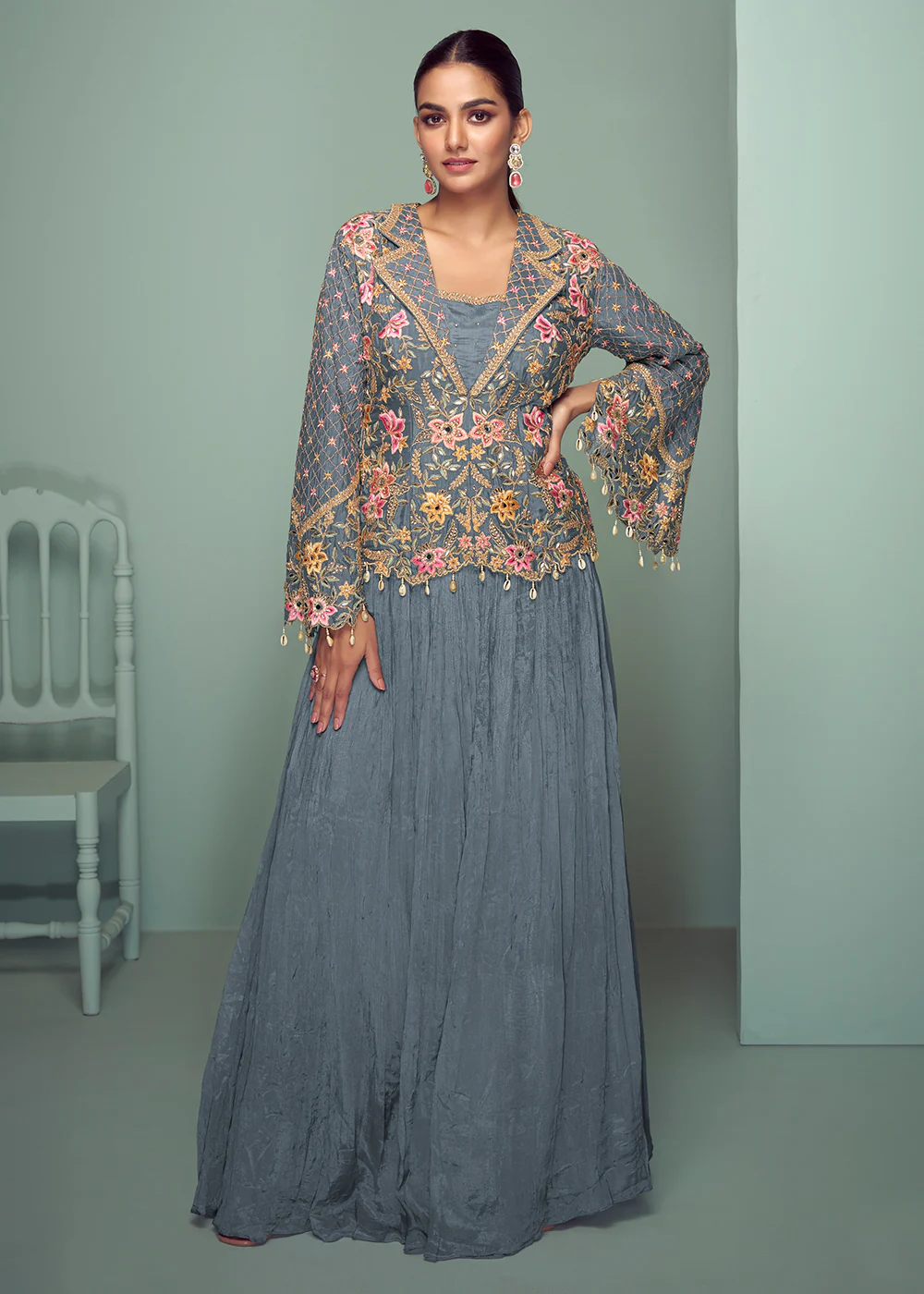 Grey Chinnon Embroidered Lehenga Skirt Style Suit