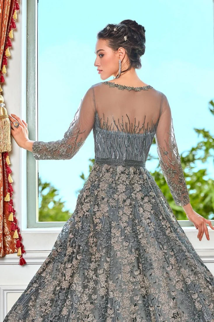 Grey Color Embroidered Lehenga & Pant Style Anarkali Suit - Image 2