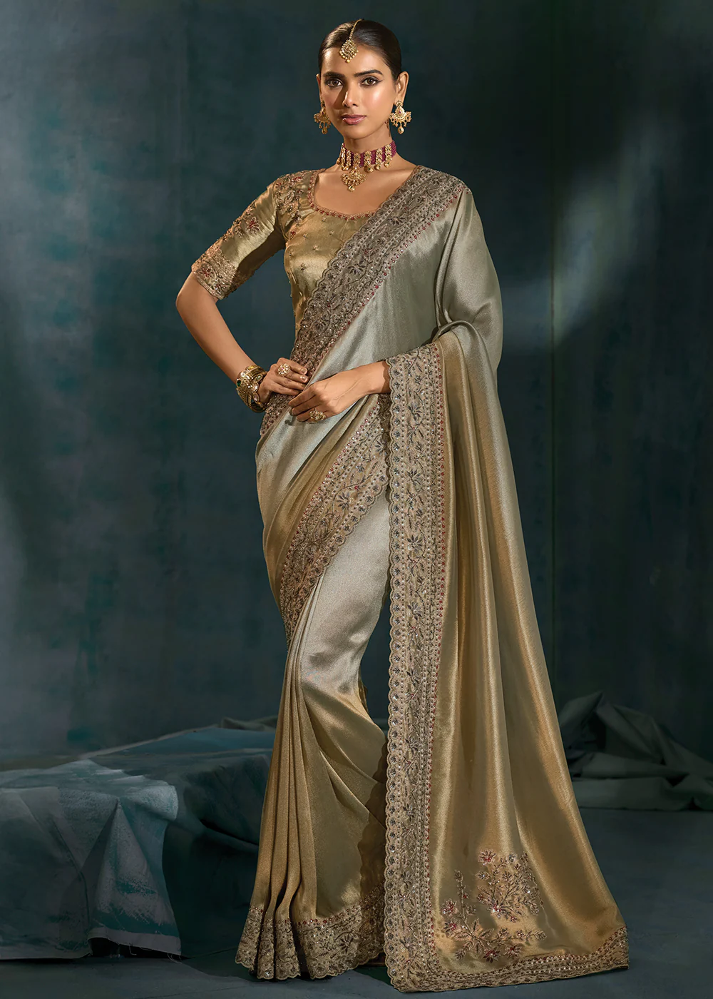 Grey Cut Dana & Mirror Work Designer Saree